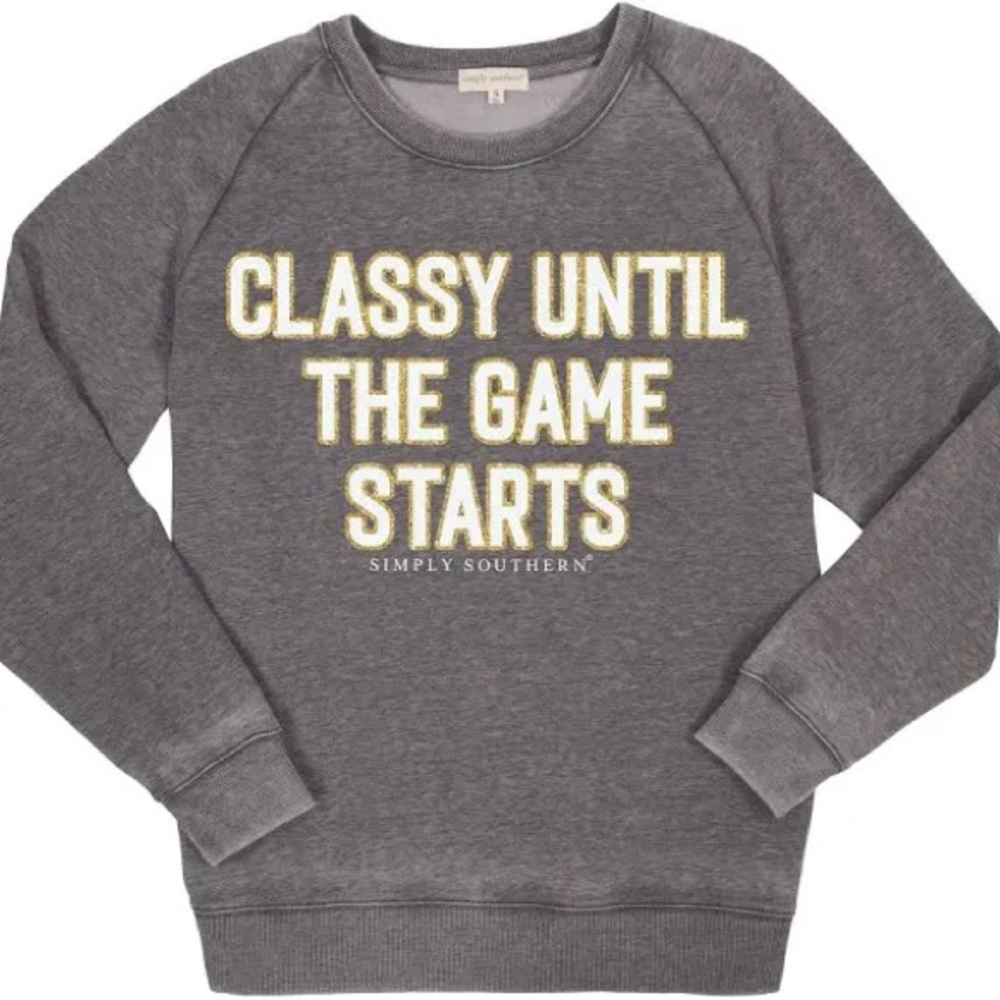 NWT Simply Southern Classy Until The Game Starts Gray Sweatshirt Size S